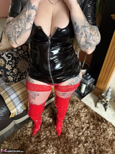 Pvc Zipped Dress With Thigh Boots And Thong 11